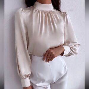 ‼️⭐️NEEDS TO GO Satin Like Puff Sleeve Mock Neck Blouse